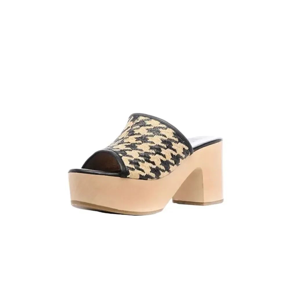 Logan Open Toe Leather‎ Raffia Houndstooth Wooden Clog Black Cream Size 36